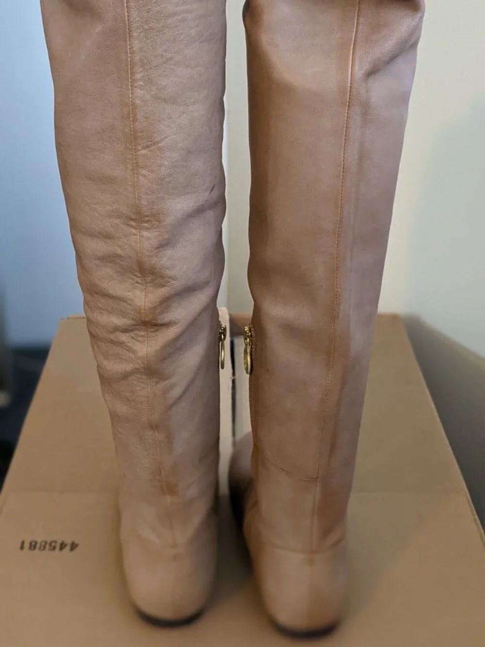Max Studio Holden Taupe Tan Leather Over The Knee Slouch Boots NIB Size 37 US 7